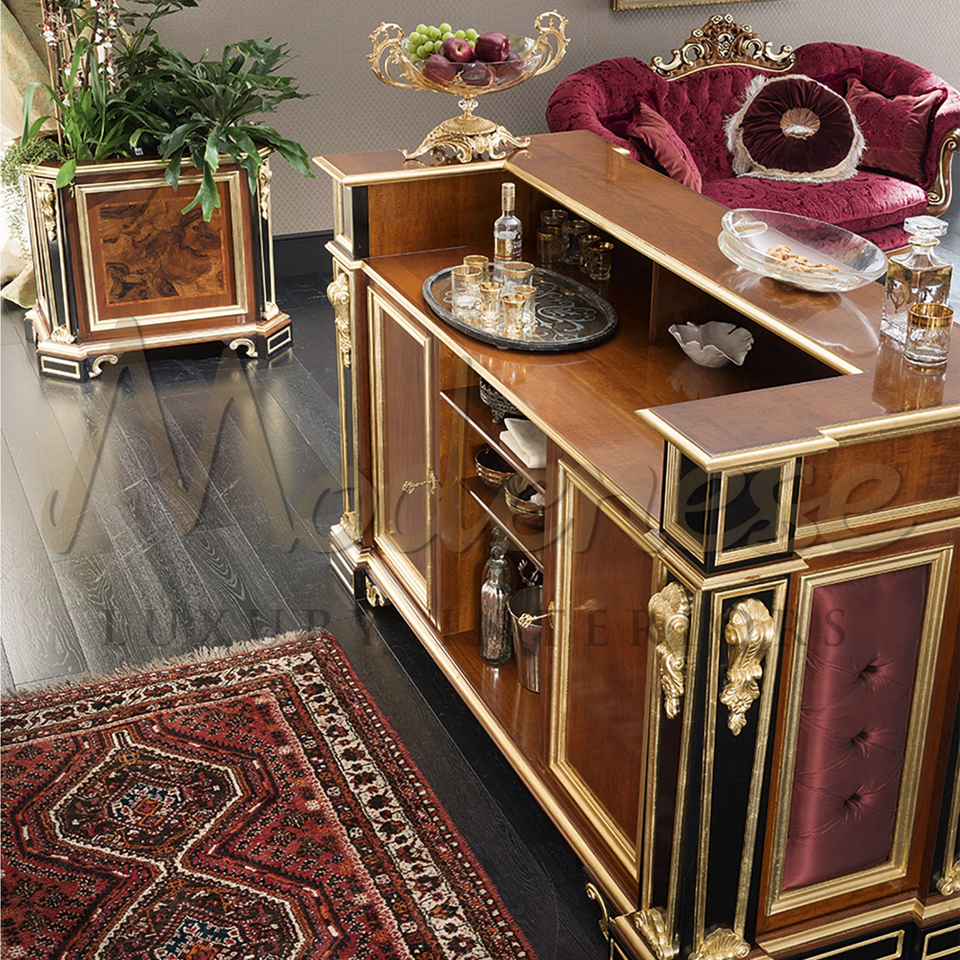 Experience your space with this cozy red bar interior, epitomizing Italian luxury living. Hand-decorated gold leaf details and solid wooden structure ensure elegance.