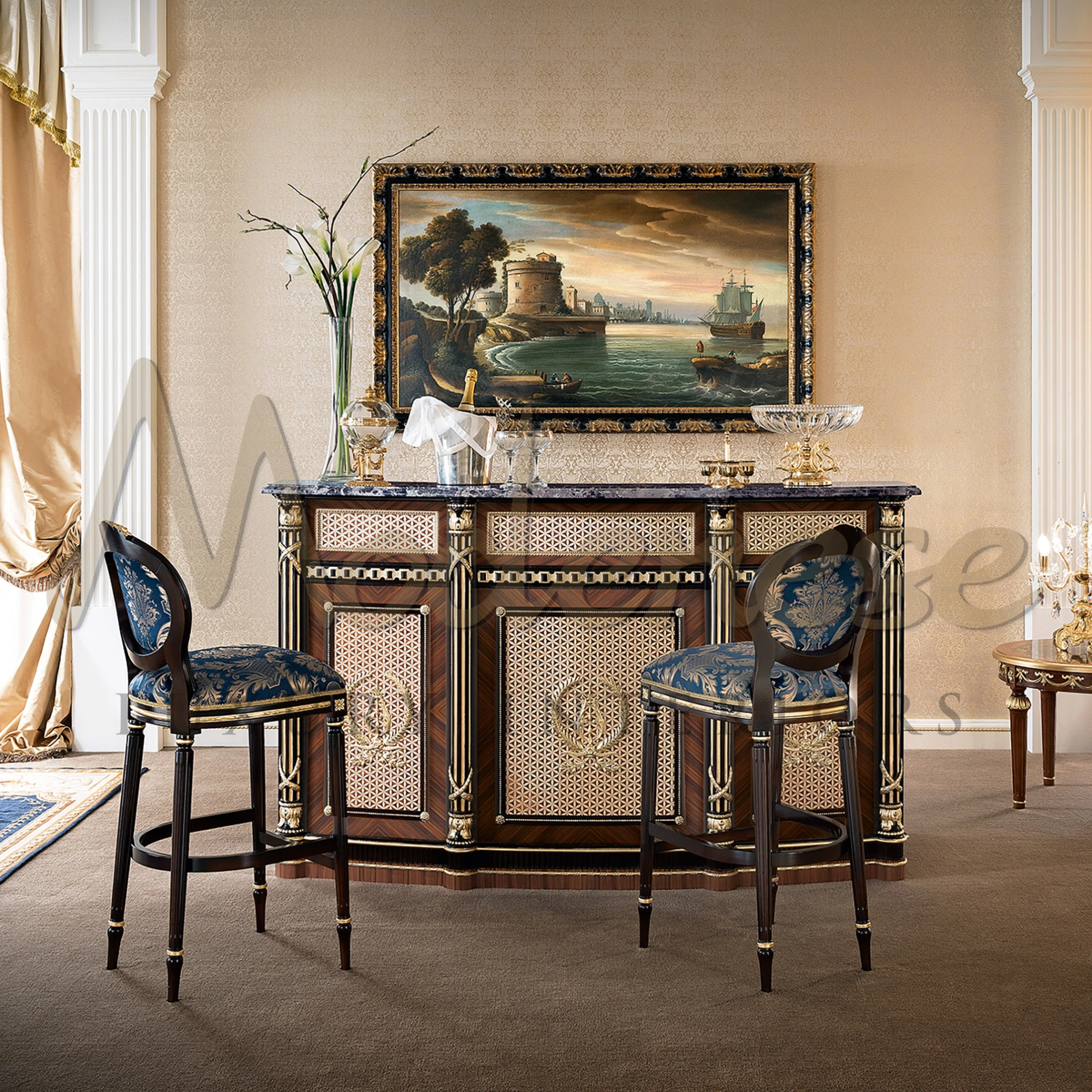 Experience your entertaining with Modenese Furniture's luxurious rosewood bar cabinet. Featuring black lacquer, gold leaf details, and marble interior.