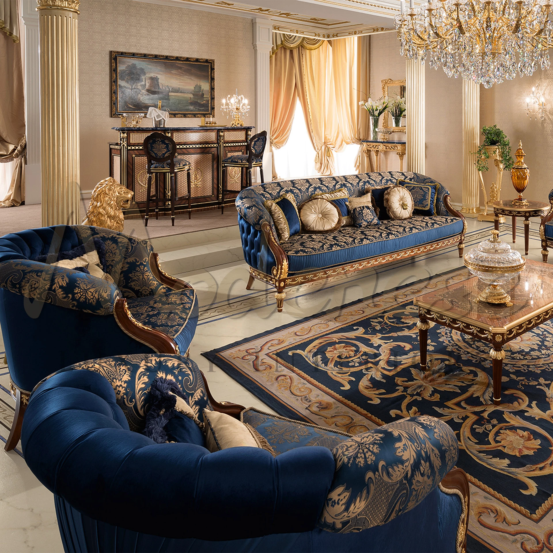 Create a luxurious atmosphere with Modenese Furniture's regal rosewood bar interior. Adorned with gold leaf, marquetry, and marble accents.