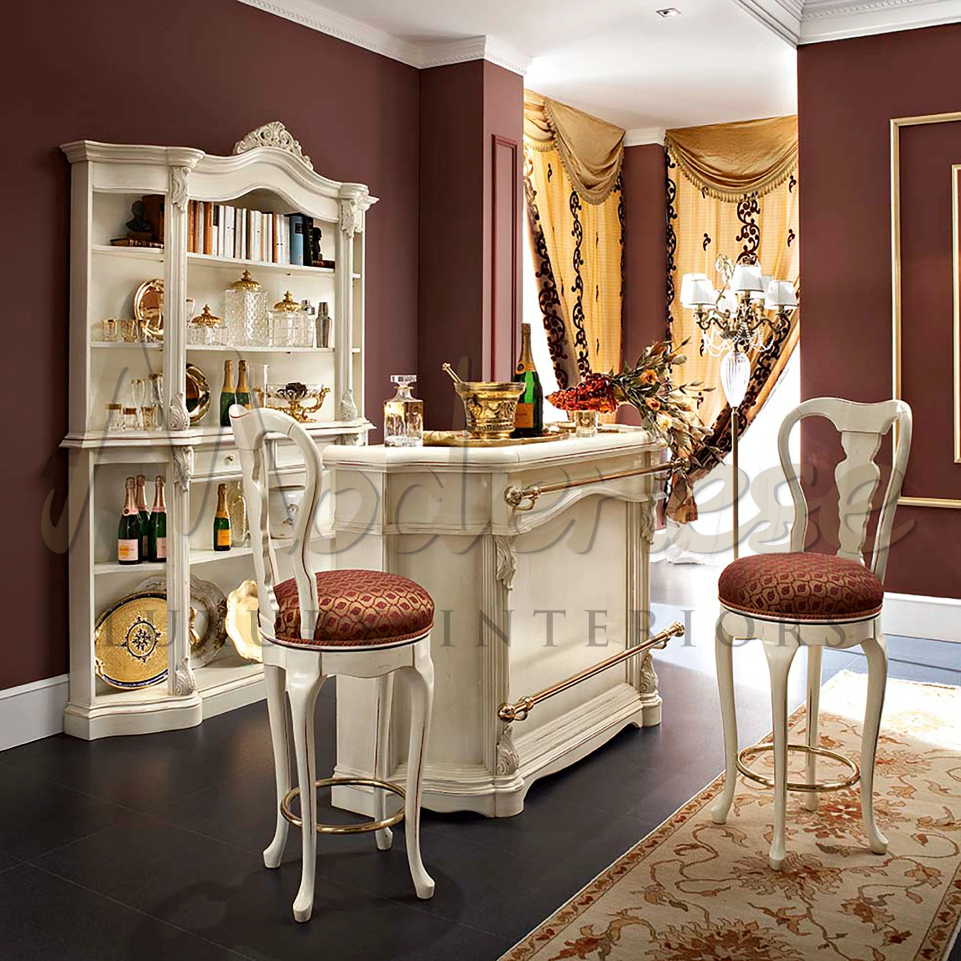 Discover luxury in this ivory lacquered bar cabinet with golden metal bars. Spacious storage, crafted by Modenese Furniture.