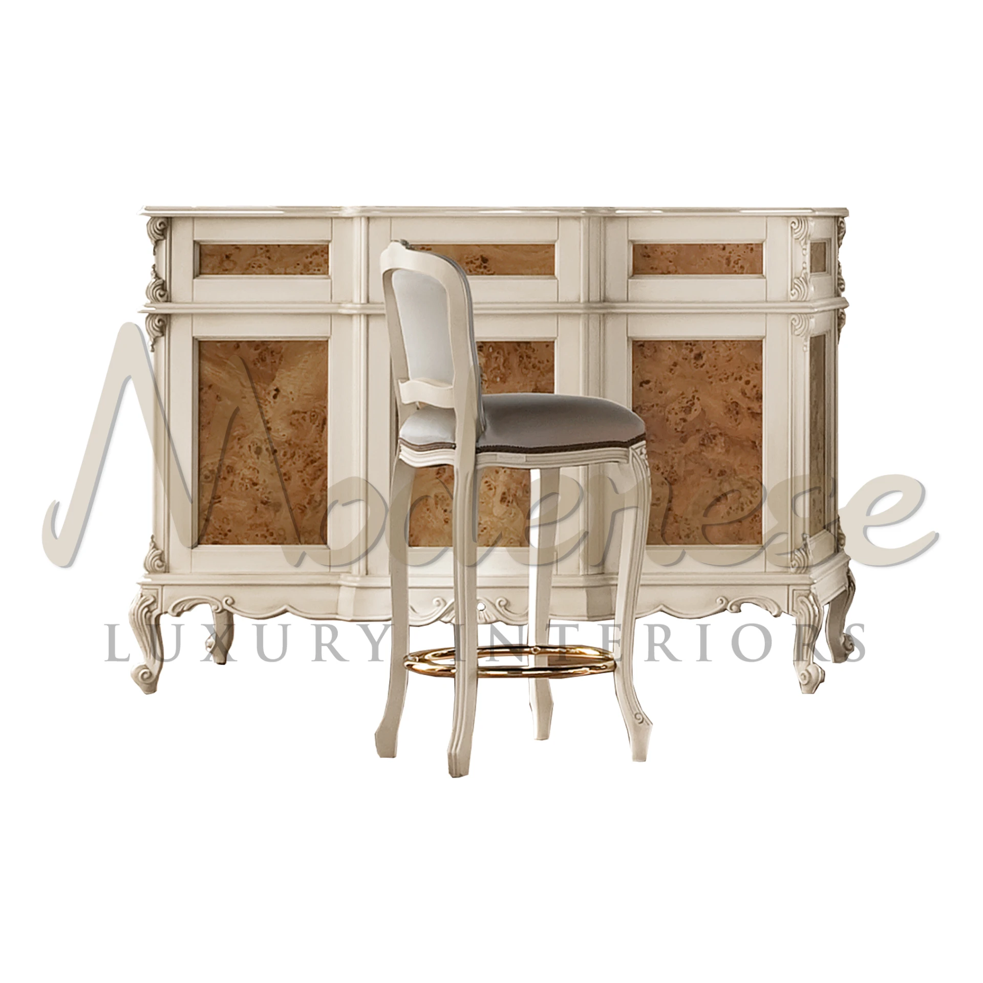 Classic design with patinated ivory finish, radica accents, and baroque carved legs. Spacious interior for organizing barware by Modenese Furniture.
