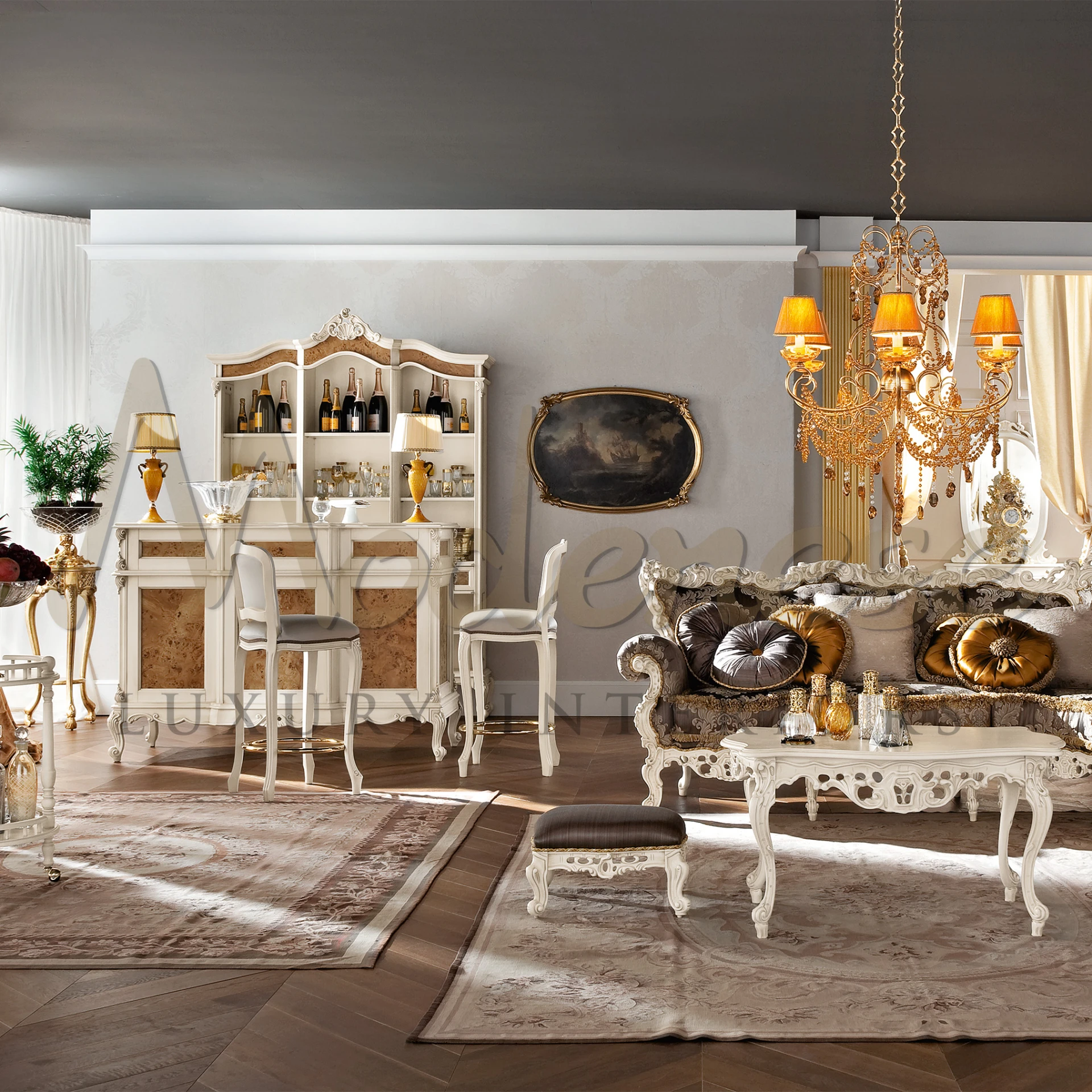 Modenese Furniture presents a spacious showcase with 15 compartments and 3 drawers, beautifully finished in patinated ivory with radica accents. along with room interior
