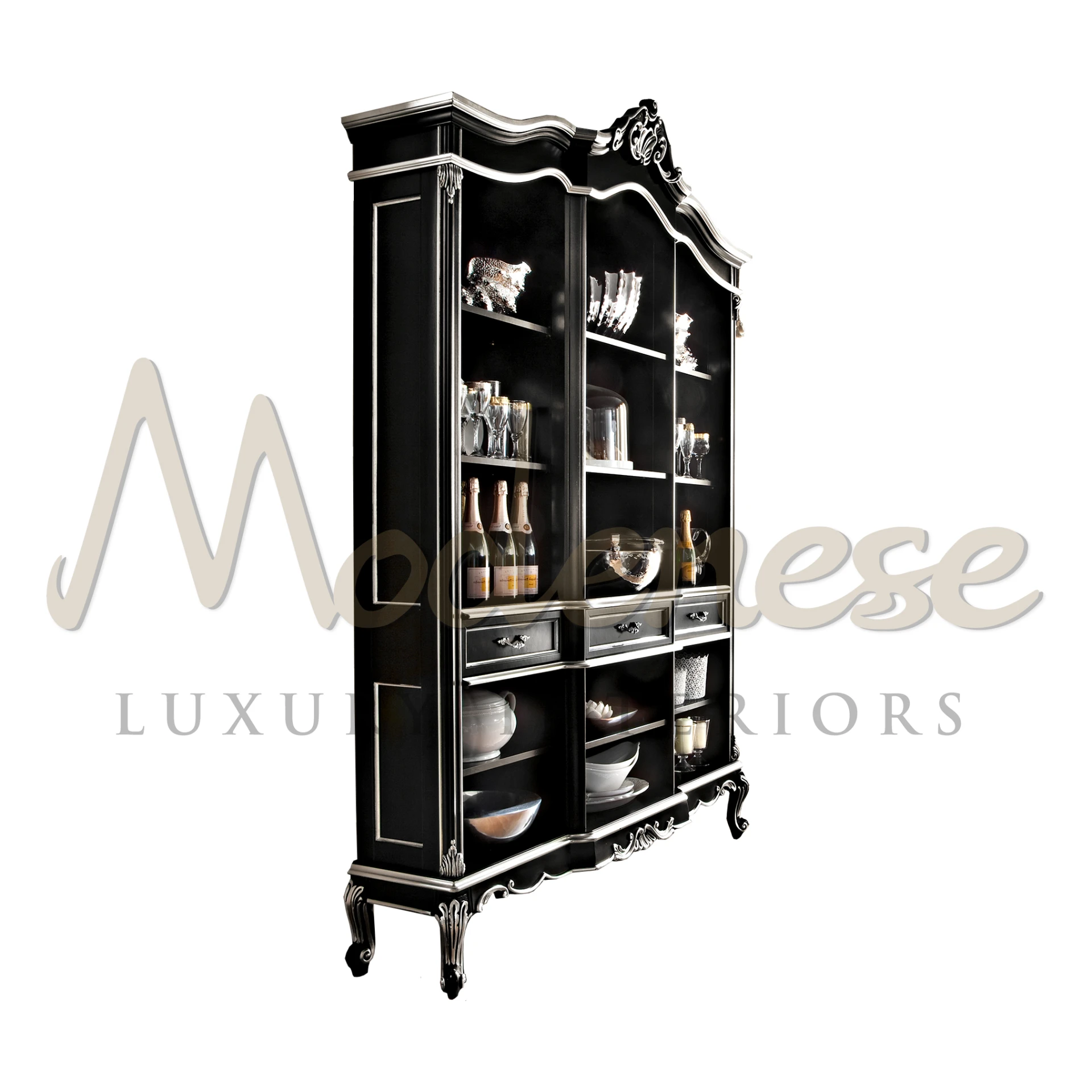 Explore Modenese Furniture's spacious showcase with 15 open spaces for drinks and barware, plus 3 drawers for essentials.