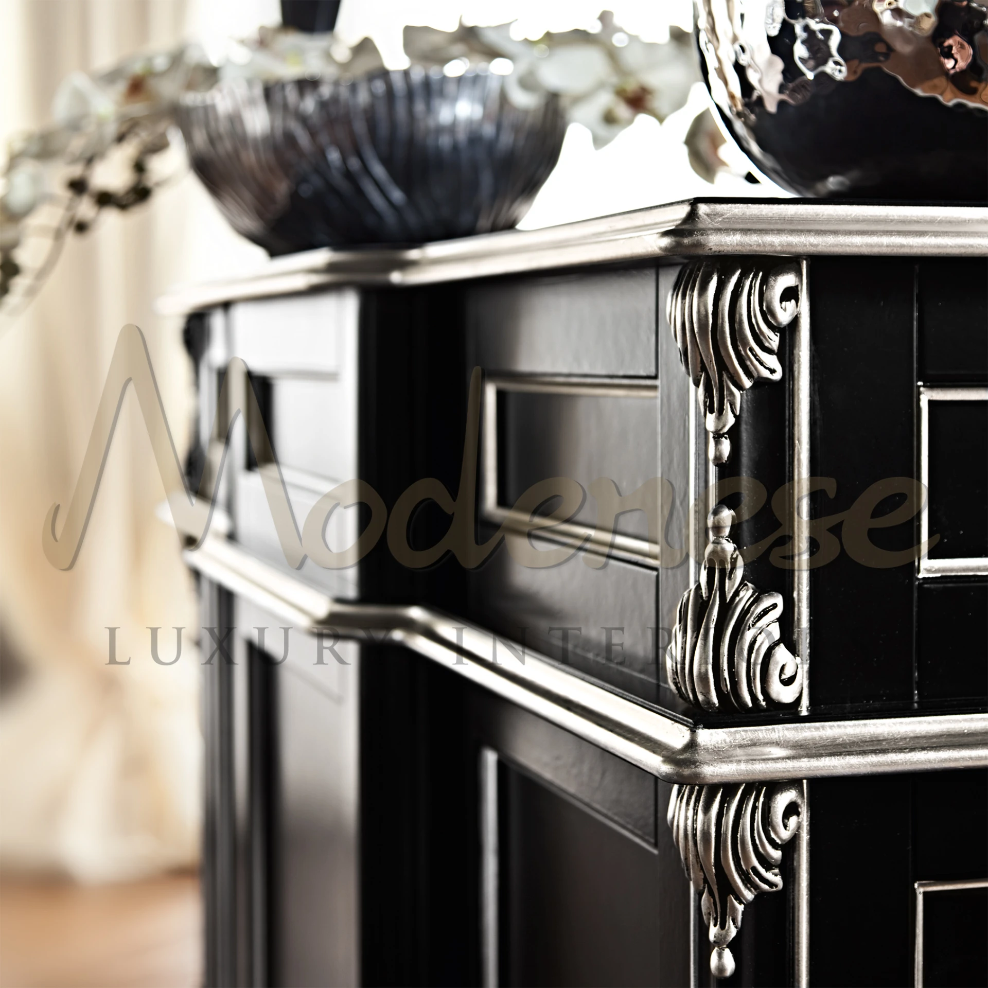 Discover Modenese Furniture's chic bottle and glasses showcase featuring 15 open spaces and 3 drawers, perfect for storing towels and more.