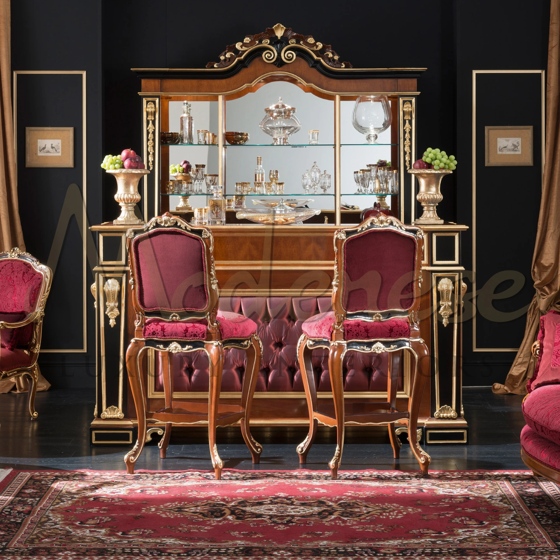 Exquisite baroque design in walnut finish with black lacquered and gold leaf details. A luxurious addition to any bar area.