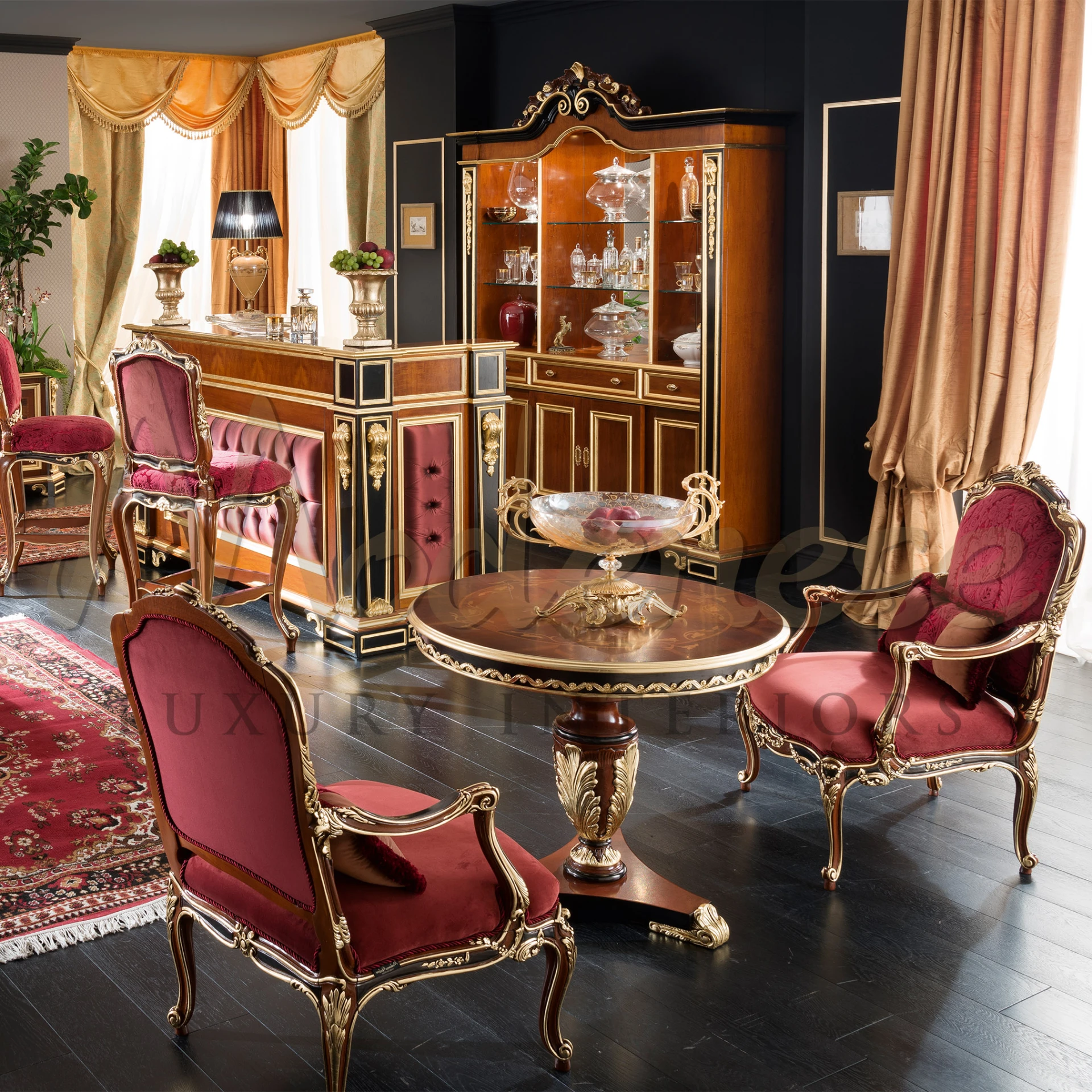 Handcrafted in classic walnut with black lacquered and gold leaf accents. Enhances the elegance of any bar counter and stools.