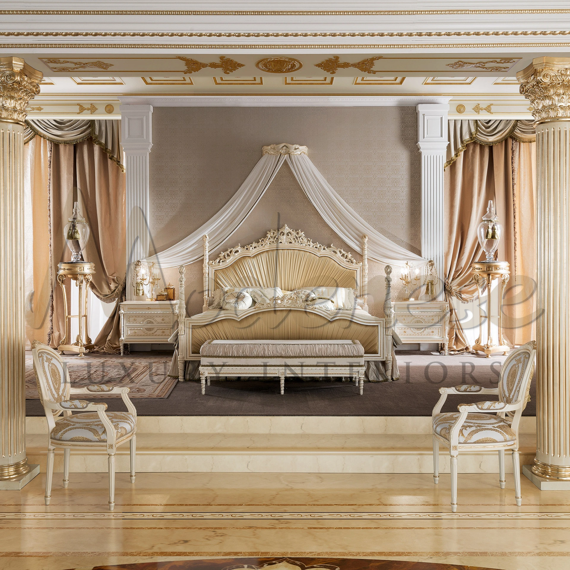 A regal bedroom featuring a majestic canopy bed with a high, ornately carved headboard, draped with a translucent white canopy and framed by elegant gold and beige curtains. 