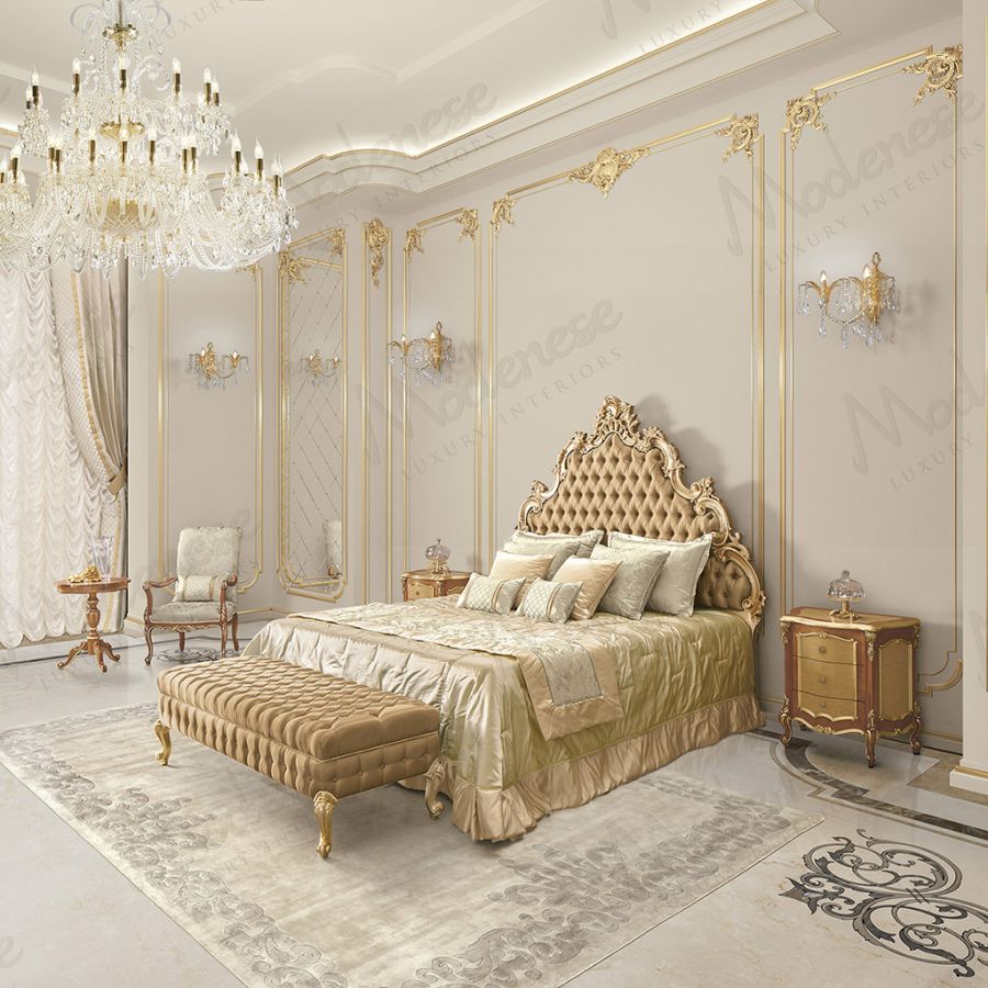 An elegant dining room setting where a custom-sized Sarelli Neoclassical luxury rug perfectly frames a Baroque-style table and chairs.