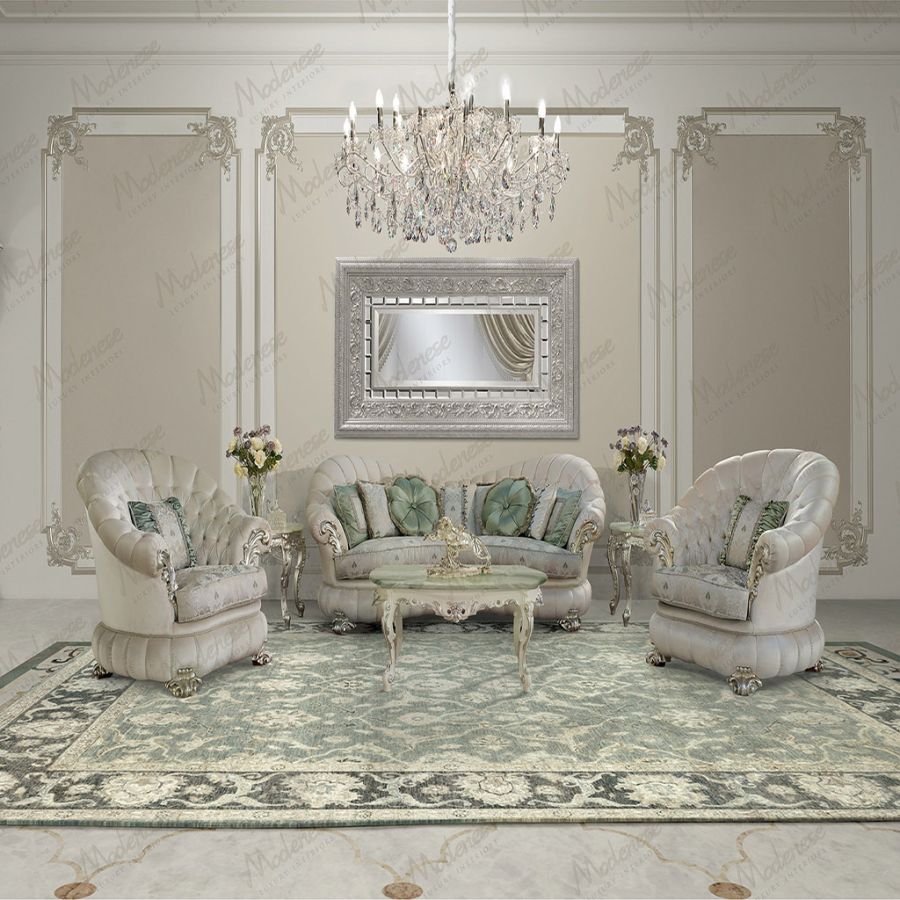 The soft sheen of a viscose and wool SARELLI AUBOSSON carpet, its elaborate floral pattern catching the light in a beautifully designed space from the Modenese Project.