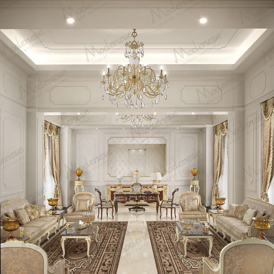 A luxurious bedroom setting from the MODENESE PROJECT with a custom headboard and cushions crafted from opulent blue and silver SARELLI residential fabrics.