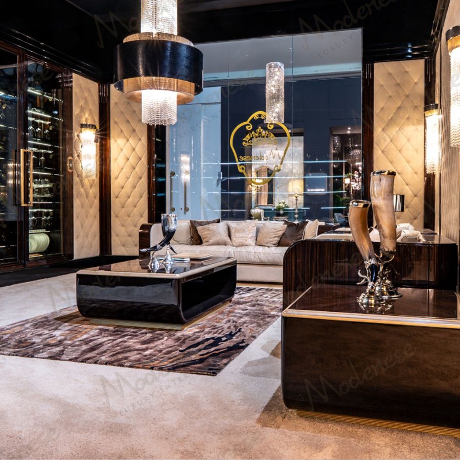 A sophisticated booth at Salone del Mobile 2025, showcasing a contemporary furniture collection in rich Makassar wood.