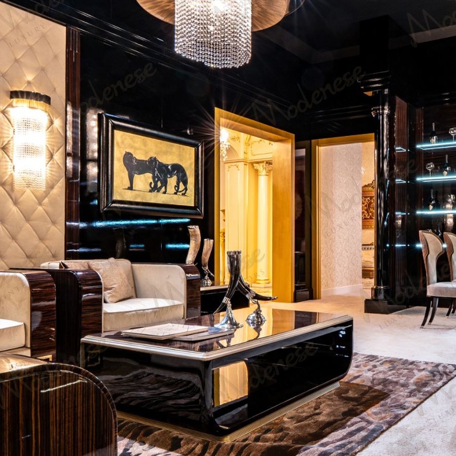 Design enthusiasts admiring contemporary furniture pieces made from Makassar wood at the bustling Salone del Mobile 2025 furniture fair.