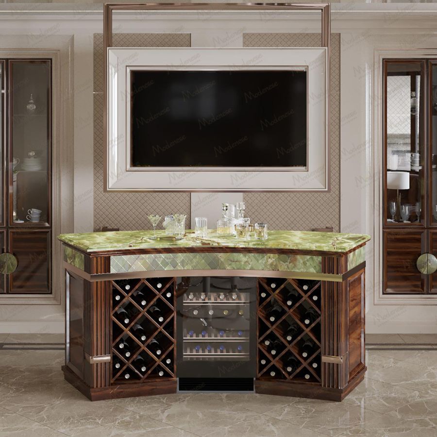 Sophisticated Modenese Italian kitchen featuring a stunning contrast between deep blue cabinetry and a polished brass range hood, exemplifying timeless design.