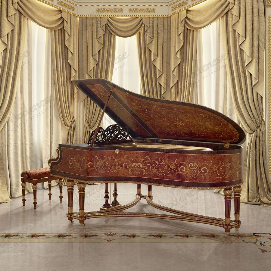 A full profile view of a classical piano in a rich mahogany finish, its polished surface reflecting the opulent decor of a stately home.