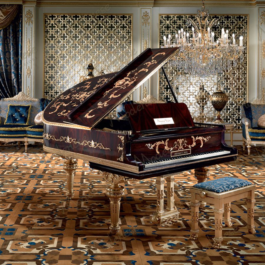 Top-down view of an open grand piano, emphasizing the contrast between the historic internal mechanics and the new, custom-built classical piano cabinet.