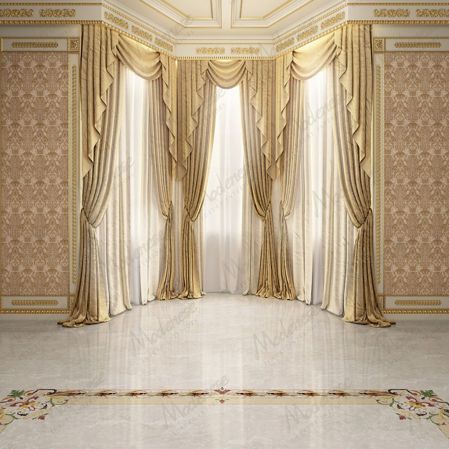 An elegant living room featuring floor-to-ceiling SARELLI lace curtains, creating a soft, airy, and sophisticated ambiance.