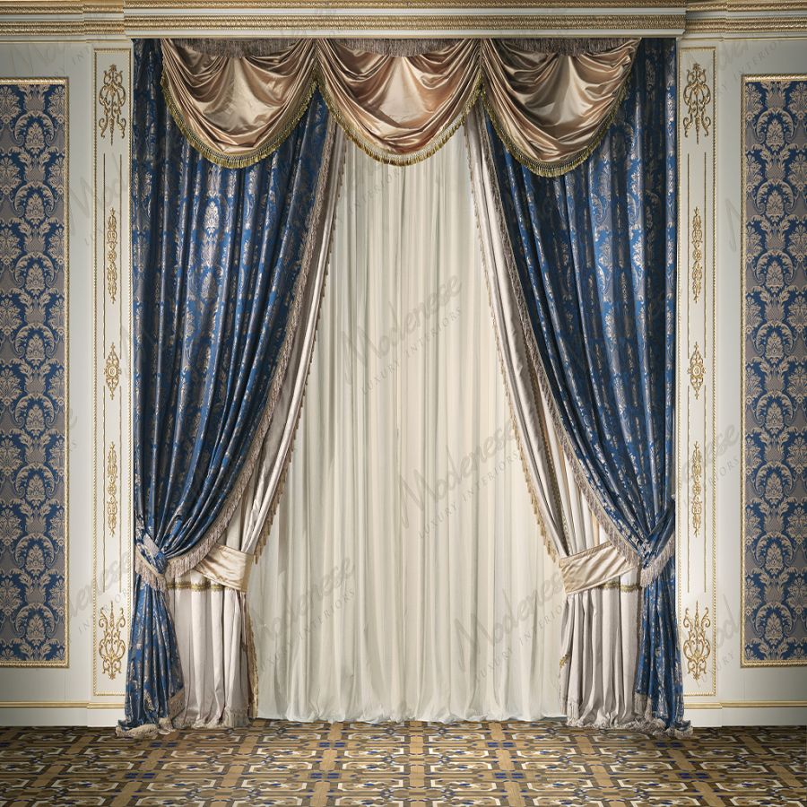 An artisan's hands carefully sewing intricate lace onto a custom SARELLI luxury curtain, showcasing the brand's commitment to handmade quality.