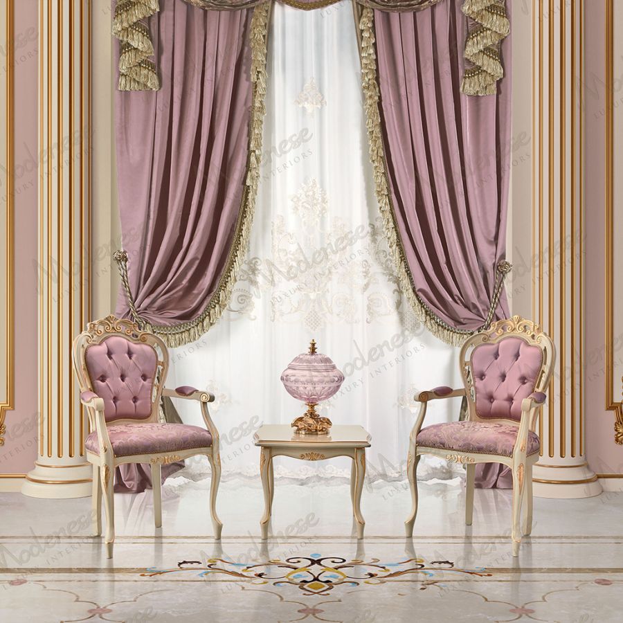 A grand dining room featuring floor-to-ceiling luxury curtains, custom-made by Modenese using opulent Sarelli velvet.