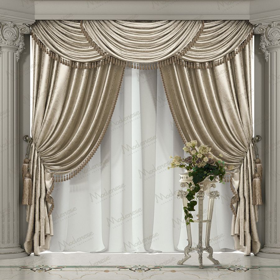 Timeless classical curtains with intricate pelmets and tie-backs, created by Curtains Modenese to accentuate the beauty of the Sarelli textile.