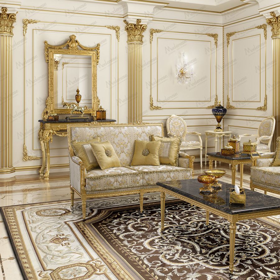 A sophisticated living room from the Modenese Project featuring a plush Sarelli Gold area rug, embodying contemporary style with classical design influences.