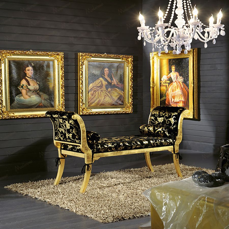 Detail shot of a luxury furniture piece from the Modenese Project, showcasing the intricate gold leaf detailing and exquisite Italian design craftsmanship.