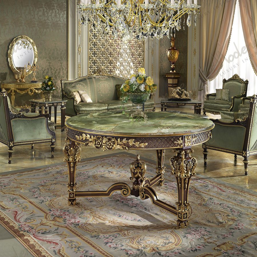 A luxurious living room from the MODENESE PROJECT featuring elegant furniture with a subtle floreal design, demonstrating a cohesive vision for personalized luxury interiors.