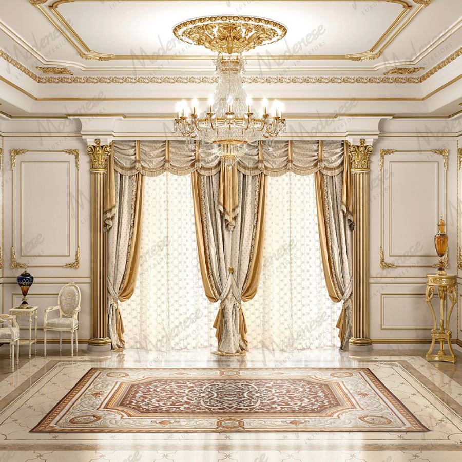 A luxurious living room from the MODENESE PROJECT featuring a dark color palette, sharp geometrical design in the furniture, and a textured SARELLI ESSENCE rug anchoring the contemporary style.