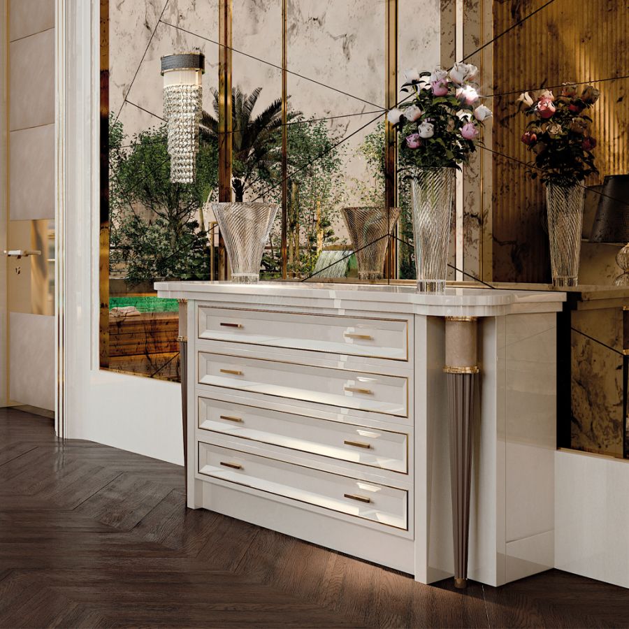 A breathtaking double floor walk-in closet with a central spiral staircase, glass-fronted wardrobes, and integrated lighting, epitomizing luxury closet design.