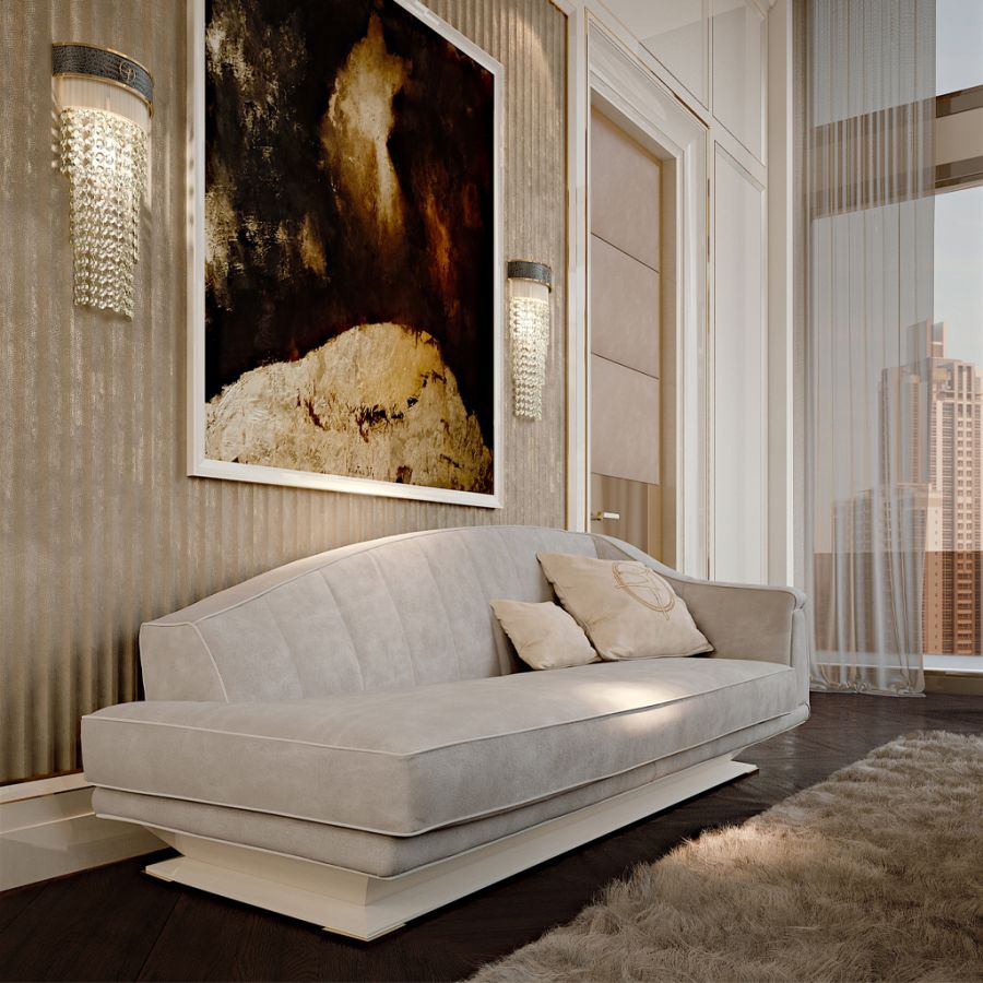 Detail shot of a modern bedroom in a penthouse, showcasing the sleek lines and metallic accents of the bespoke furniture that defines the EVOLUTION BEDROOM collection.