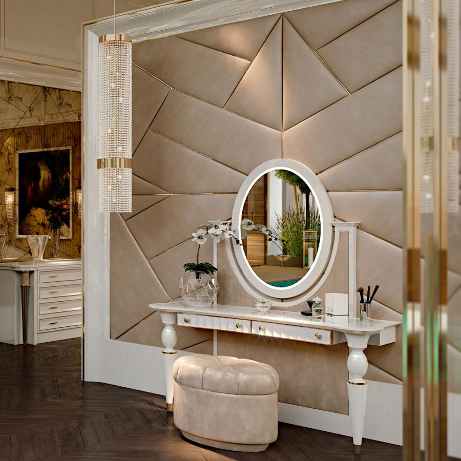 Wide view of the spectacular two-story luxury closet, highlighting the upper level and the seamless integration of storage in this ultimate walk in closet design.