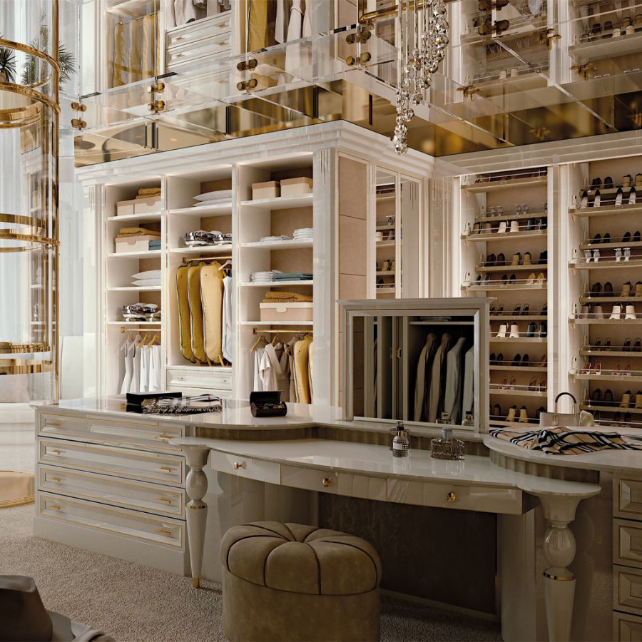 An inspiring view of the modern bedroom suite, connecting the tranquil sleeping area to the entrance of the grand walk in closet, a hallmark of integrated penthouse design.