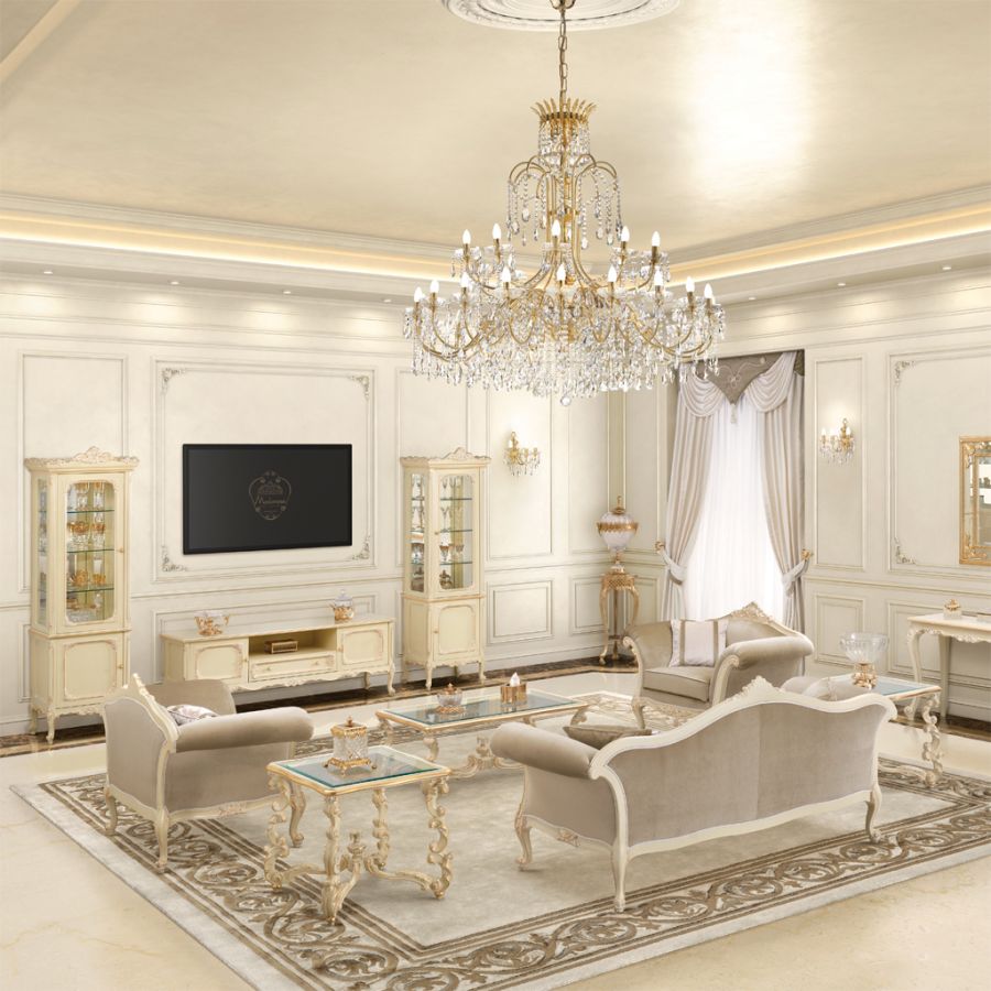 A sophisticated living room designed in a Soft Classic Style, featuring a plush, cream-colored sofa from the Timeless Collection set against dark wood paneling.