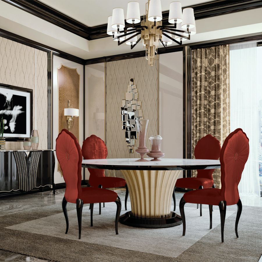 A luxury furniture setting with a large Makassar Wood dining table from the Eclectic Collection, reflecting light and creating a stunning centerpiece.
