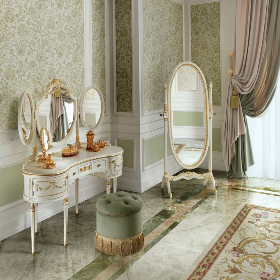 Detail of a masterfully carved wooden headboard with a soft white finish, an exemplar of classic bedroom furniture craftsmanship for a timeless bedroom design.