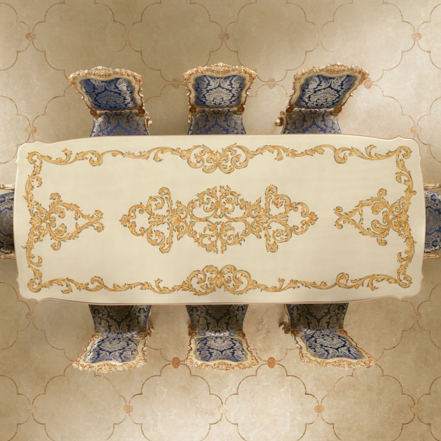 An elegant, hand-carved dining chair, central to a classic dining room, is reimagined with a bold, contemporary patterned upholstery, exemplifying the fusion of traditional dining and modern flair.