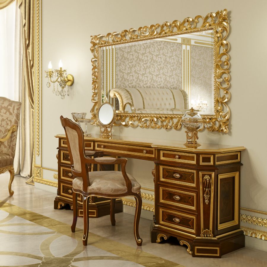 Detailed view of a luxurious tufted headboard on a piece of classic furniture, where rich damask fabric highlights the exquisite craftsmanship of a timeless bedroom set.