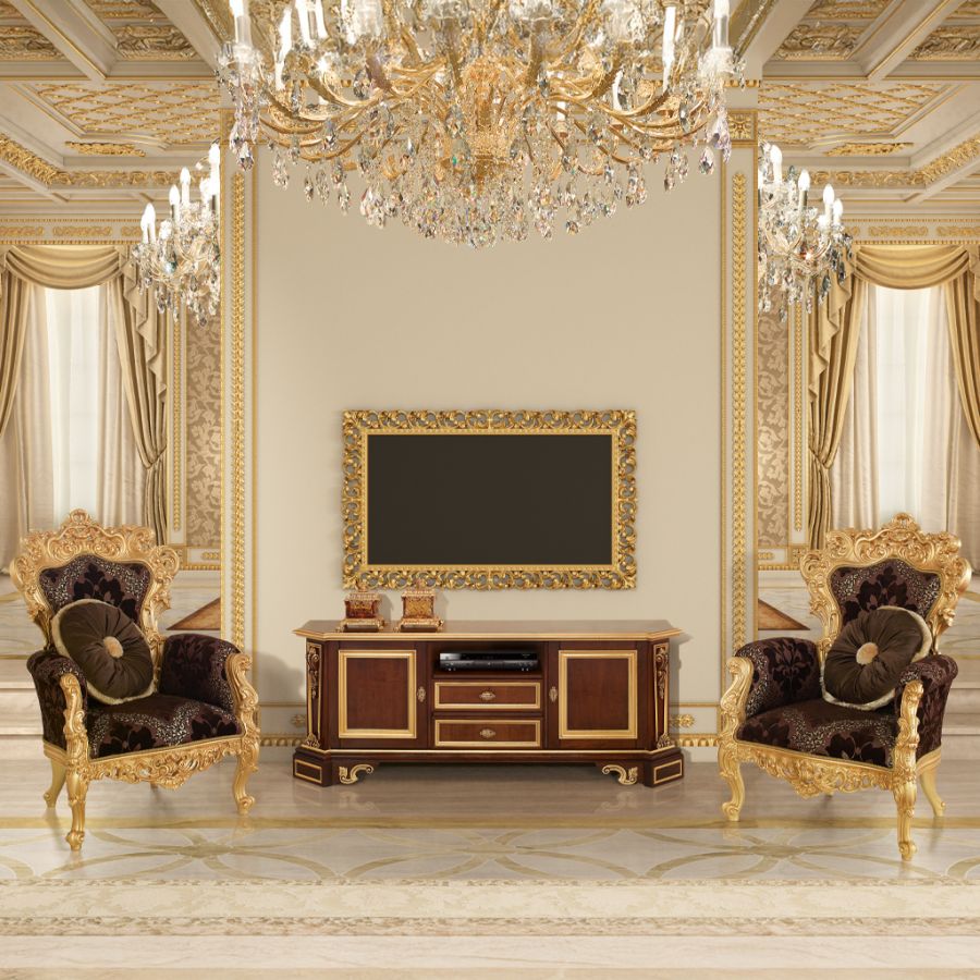 Elegant wall boiserie upholstered in a delicate gray-beige damask fabric, creating a cohesive and opulent atmosphere in a luxury bedroom.