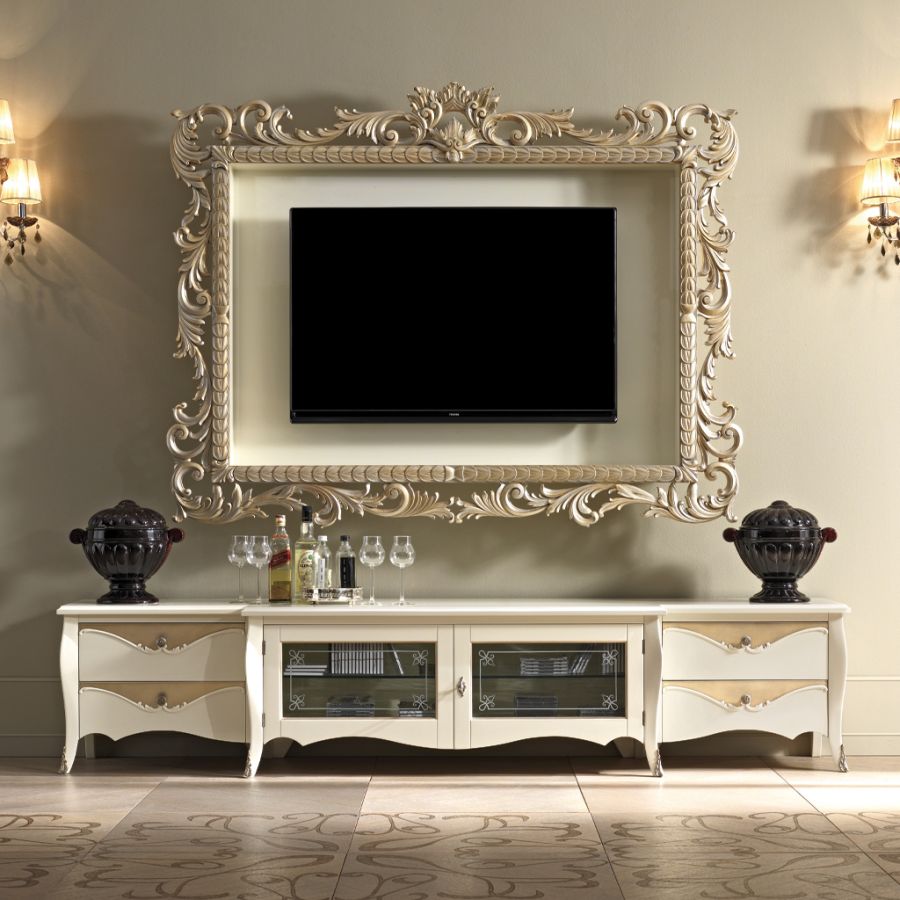 A detailed shot capturing the refined interior of a luxury home, highlighting a sleek console table that seamlessly blends contemporary design with graceful classical curves, set against an intricately ornate wall.