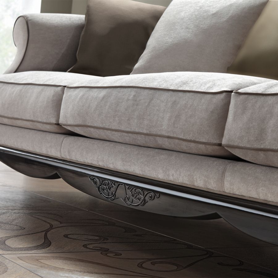 Detail shot of a high-end home's interior, focusing on the fusion of contemporary design and classical curves in a single, elegant console table against an ornate wall.