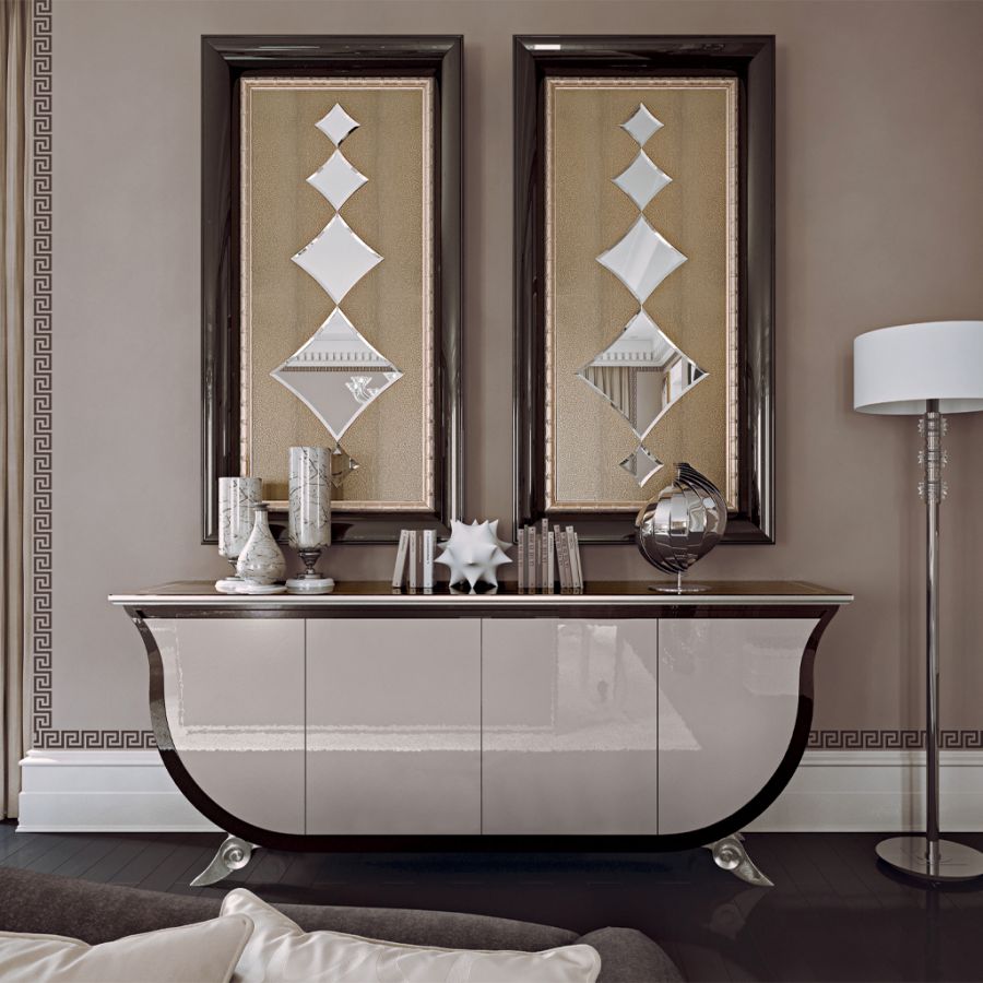 An expansive and elegant dining room showcasing Modenese high-end furniture, with a focus on the harmonious blend of modern lines and classical influences.