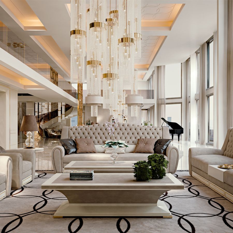 A sun-drenched living area in the Evolution Living contemporary penthouse, featuring bespoke minimalist furniture and a panoramic city view through floor-to-ceiling windows.