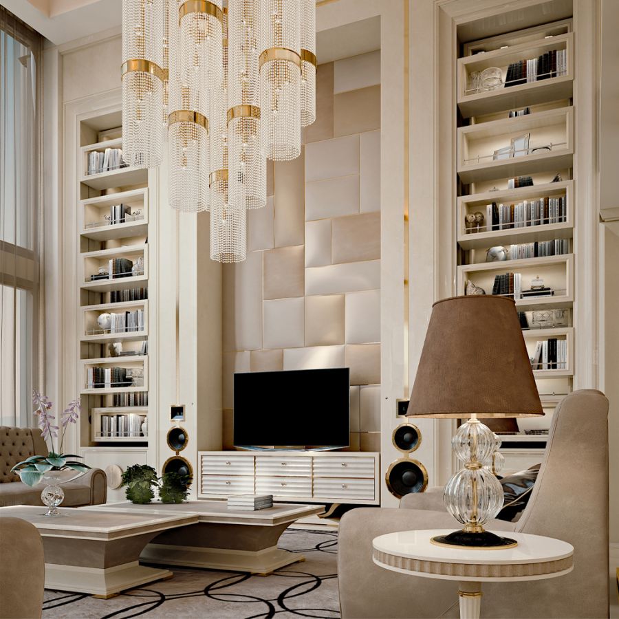 The open-plan dining space within the Evolution Living penthouse, showcasing a sculptural pendant light over a sleek wooden table as a centerpiece of modern living.