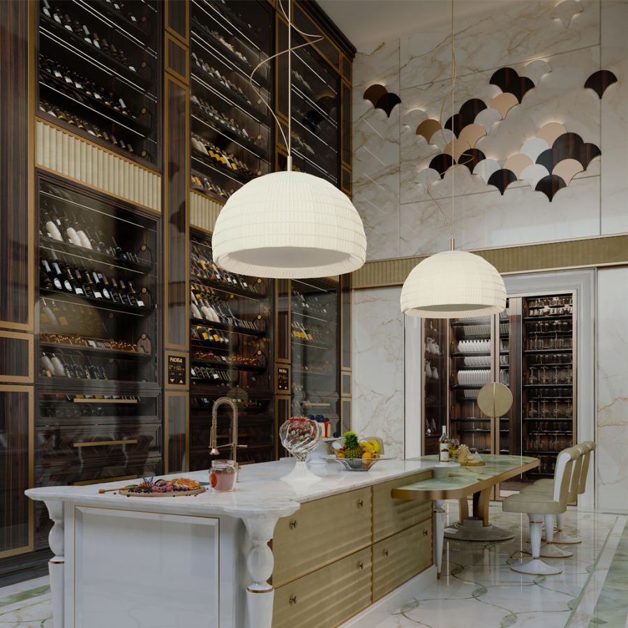 The luxurious texture of the EVOLUTION Dining showcase, highlighting the contrast between the dark Emperador marble and polished metal trim, a hallmark of contemporary design.