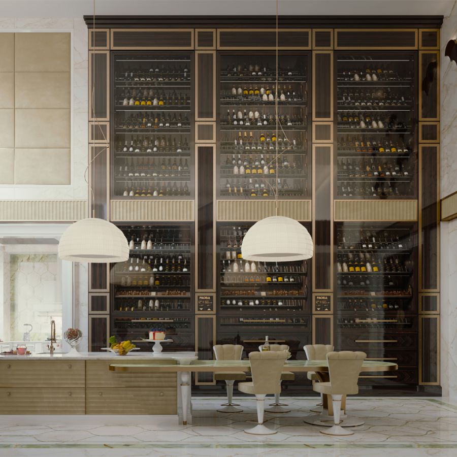 A view from the EVOLUTION dining table looking towards the stunning full-wall Champagne Display, illustrating a cohesive vision for penthouse design.